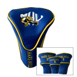 golf club headcover, blue with gold piping, with MHU athletics logo and the words Mars Hill; inset shows three covers