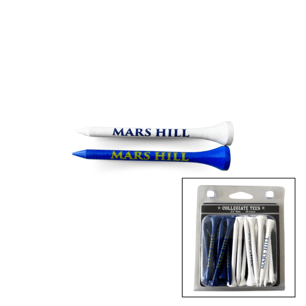 golf tees with Mars Hill printed on them; image shows one white tee and one blue tee, with an inset of the blister pack of tees