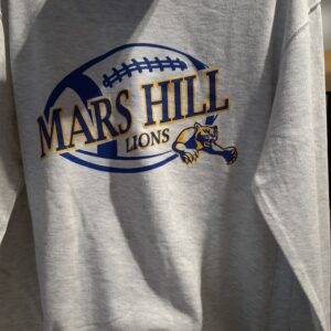 Gray sweatshirt with football illustration and words Mars Hill Lions with lion logo