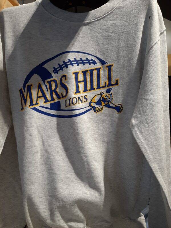 Gray sweatshirt with football illustration and words Mars Hill Lions with lion logo