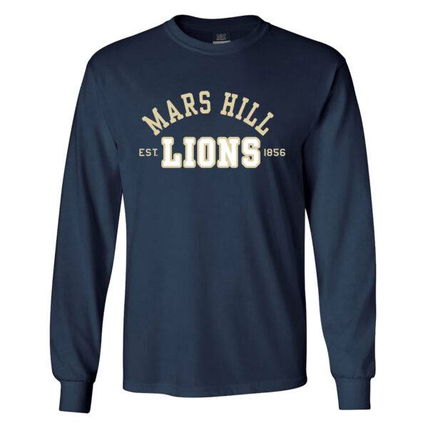 dark blue long sleeved t-shirt with yellow Mars Hill in semicircle at top, Lions in white large block print with yellow outline, and Est 1856 splitting around Lions