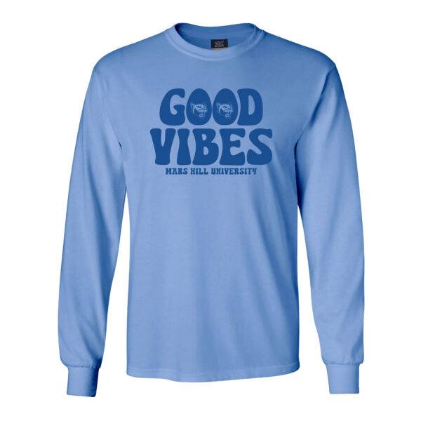 light blue long sleeved tshirt with Good Vibes Mars Hill University in blue in 1970s style print the centers of the Os in Good are made of the lion head logo