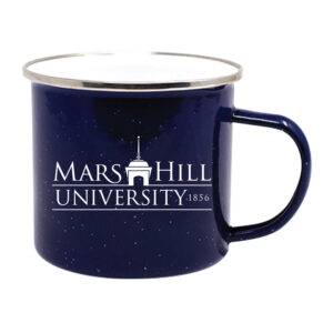 Blue with white specks steel camping mug with horizontal Mars Hill University logo in white