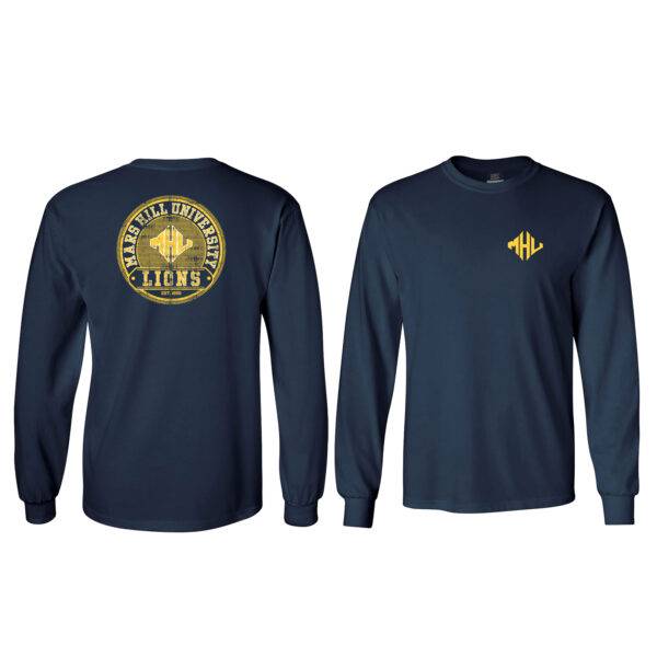 back and front view of black long-sleeve t-shirt; back view on the left has a large circle logo with Mars Hill University Lions and the yellow MHU athletics diamond; front view on the right has a crest logo of the yello MHU diamond