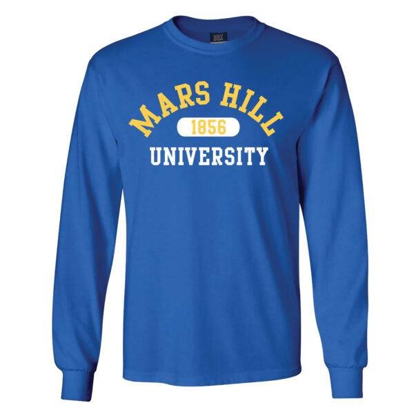 blue long-sleeve t-shirt with Mars Hill in yellow arched over a white pill shape with 1856 in yellow and University in white beneath