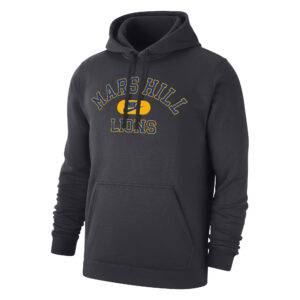 black hoodie with Mars Hill Lions text in blue and yellow and a yellow pill shape with Nike name and swoosh logo centered