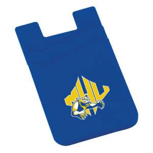 blue wallet attachment for phone with two card slots and yellow and blue athletics logo