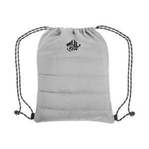 quilted drawstring bag in gray with MHU athletics logo near top