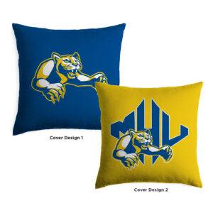 two thrwo pillows: one is blue with lion logo; the other is yellow with MHU athletics logo