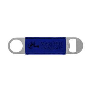 Stainless steel, hand-held flat bottle opener designed to open beverage bottles or cans with metal tops with blue and black lion and Mars Hill University logo