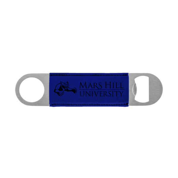 Stainless steel, hand-held flat bottle opener designed to open beverage bottles or cans with metal tops with blue and black lion and Mars Hill University logo