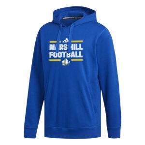 royal blue hoodie with Mars Hill Football in white and gold lines above and below; the top line is split with the adidas logo and the bottom line is split with the MHU athletics logo