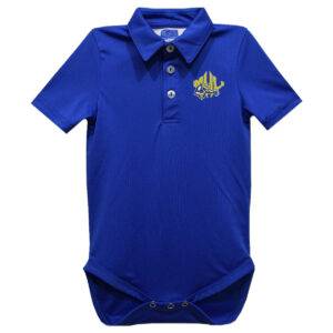 blue polo shirt-style onesie with gold MHU athletics logo at crest