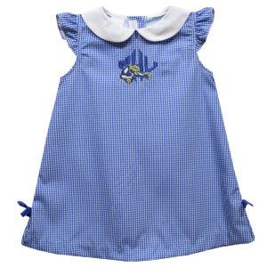 blue gingham dress with white collar and blue and gold MHU athletics logo