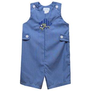 blue gingham overalls with MHU athletics logo