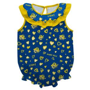 Blue onesie with yellow ruffled collar and pattern of yellow MHU athletics logos, Mars Hill, Lions, and hearts