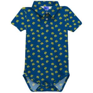 blue polo shirt-style onesie with gold MHU athletics logos tiled; three white buttons