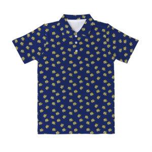 blue polo shirt with gold MHU athletics logos tiled; three white buttons