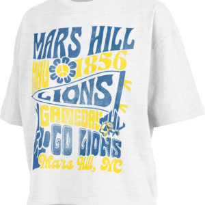 cropped white t-shirt with retro font spelling Mars Hill Lions, Go Lions in blue and 1856, gameday, Mars Hill, NC in yellow