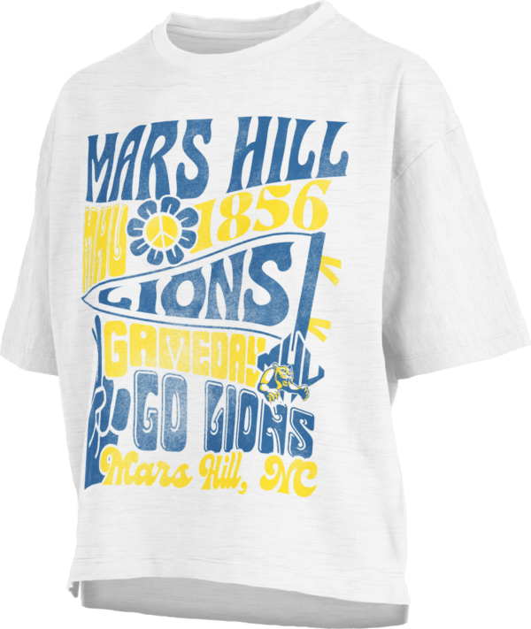 cropped white t-shirt with retro font spelling Mars Hill Lions, Go Lions in blue and 1856, gameday, Mars Hill, NC in yellow