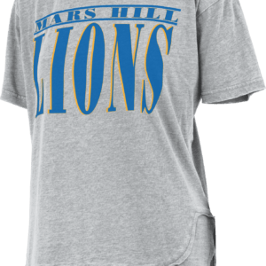 oversized gray tshirt with Mars Hill above the word LIONS in a vertically stretched font