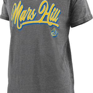 Oversized dark gray tshirt with Mars Hill in yellow-outlined-with-blue script and a small MHU athletics logo beneath