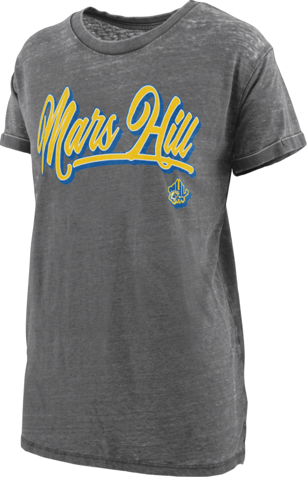 Oversized dark gray tshirt with Mars Hill in yellow-outlined-with-blue script and a small MHU athletics logo beneath