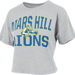 cropped gray tshirt with Mars Hill Lions wording and athletics lion logo centered