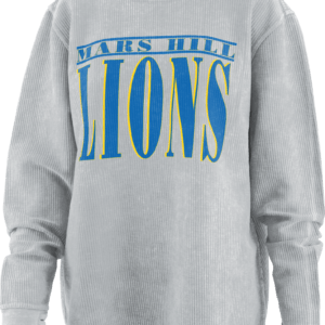 Corduroy gray sweatshirt-style top with Mars Hill at top and LIONS in vertically-stretched text beneath