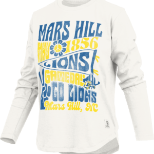 long-sleeved white jersey-style white t-shirt with retro font spelling Mars Hill Lions, Go Lions in blue and 1856, gameday, Mars Hill, NC in yellow