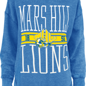 oversized heathered blue sweatshirt with Mars Hill Lions in white and MHU athletics logo centered between 18 and 56 on a yellow and blue bar in the center