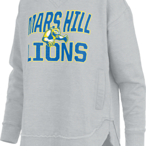 Oversized v-neck grauy sweatshirt with Mars Hill Lions logo and athletics lion logo centered; has pockets