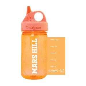 orange child's Nalgene drinking bottle with Mars Hill in white and an orange lid with flip-up spout; inset photo shows volume gradations