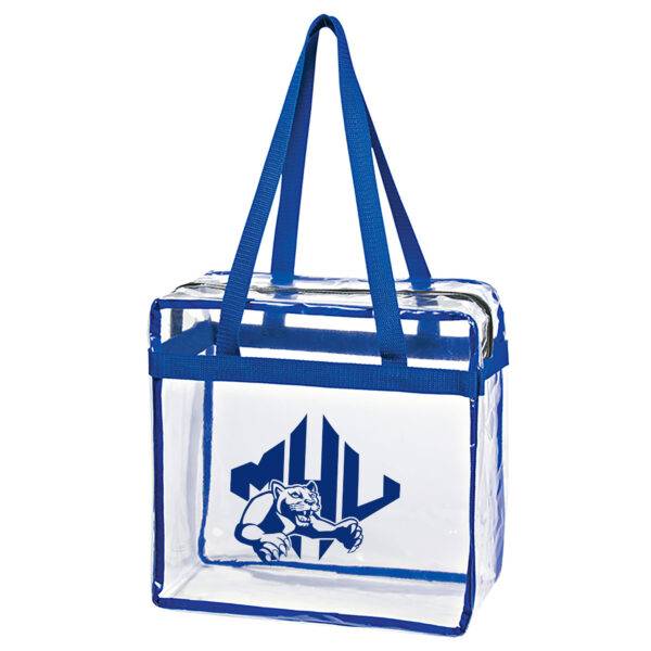 Clear rectangular zipper bag with blue handles and blue athletics logo.