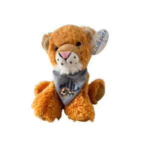 Stuffed mountain lion wearing a gray bandana with athletics logo; there is a brand tag reading Wishpets attached to the doll's ear