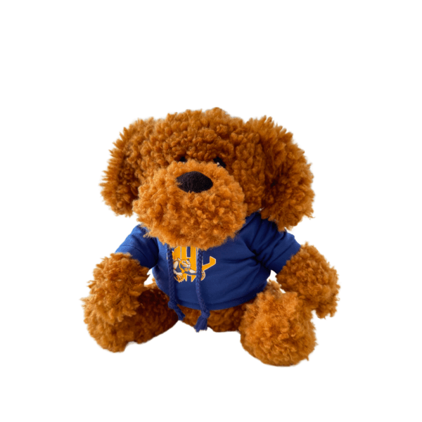 Brown fuzzy stuffed dog wearing blue hoodie with MHU athletics logo