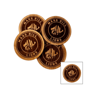 Set of four round wooden coasters with athletics logo in center and Mars Hill Lions reversed out of dark circle around center logo circle. There is an inset photo showing just one coaster.