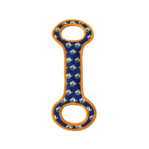 Cloth dog toy shaped like a bone with round openings on each end; the main material is blue with repeating pattern of the athletics logo; the edge piping is gold.