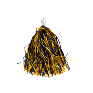 Blue and gold pom pom with a plastic handle/ring reading Mars Hill Lions