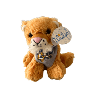 Stuffed mountain lion wearing a gray bandana with athletics logo; there is a brand tag reading Wishpets attached to the doll's ear