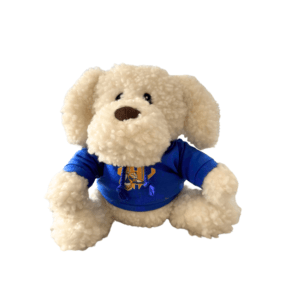 White fuzzy stuffed dog wearing blue hoodie with MHU athletics logo